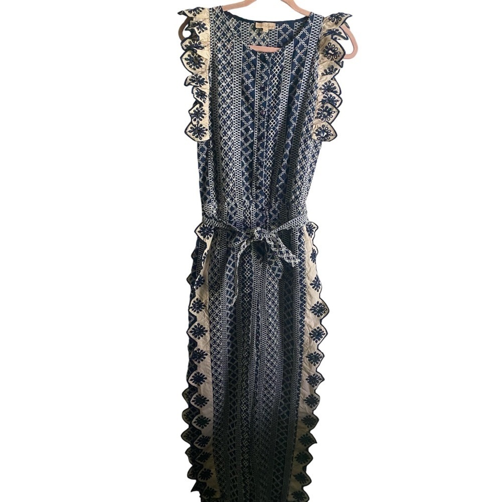 Chloe Laetitia Ruffle Detail Embroidered Eyelet Blue Cream Belted Jumpsuit Sz S - Picture 3 of 16